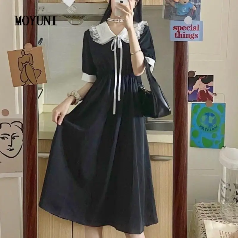

2021 Summer Kawaii Black Midi Dress Women Japanese Sweet Cute Peter Pan Collar Dress College Style Lace Short Sleeve Dress New