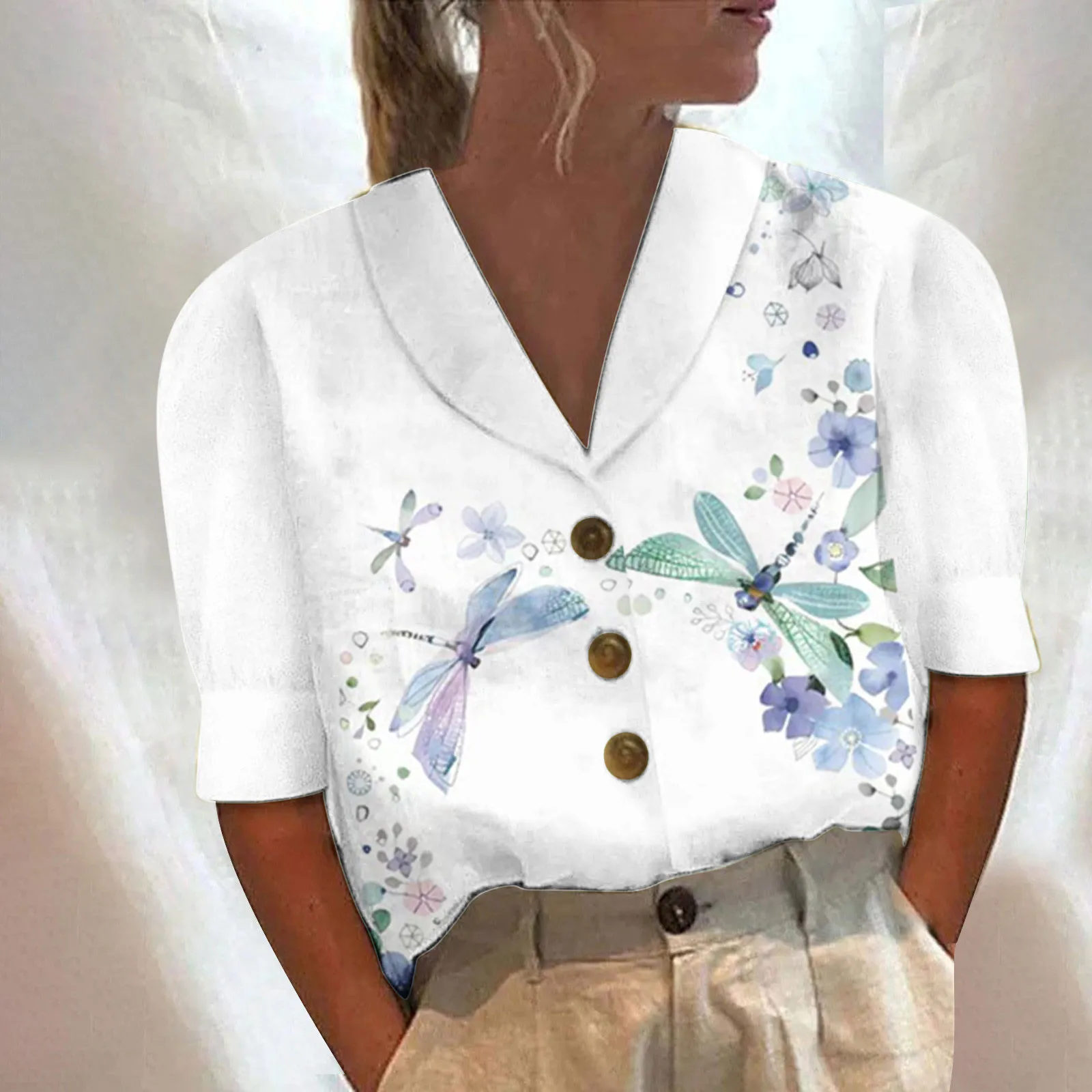 

3d Dragonfly Print Summer Women Blouse Short Sleeve V-neck Button Oversize Shirt White Fashion Ladies Casual Top camisas y blusa