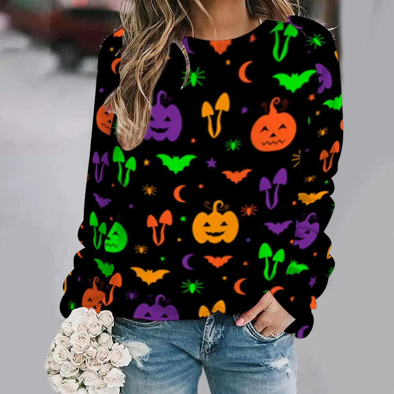

Halloween Hoodie Women Casual Halloween Pumpkin Skull Ghost Print Long-sleeve Oversized Sweatshirt Blouse Pullover Sweater Tops