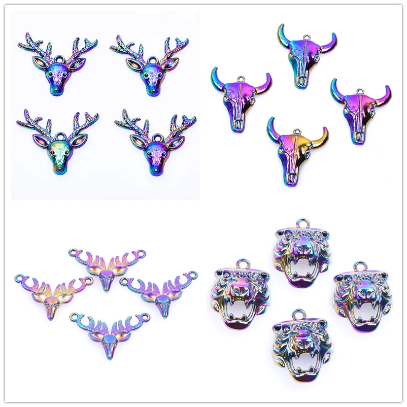 

10pcs/Lot Animal Tiger/Deer Head Pendants For Jewelry Making Supplies Rainbow Charm Bulk Handmade Fashion Accessories Not Fade