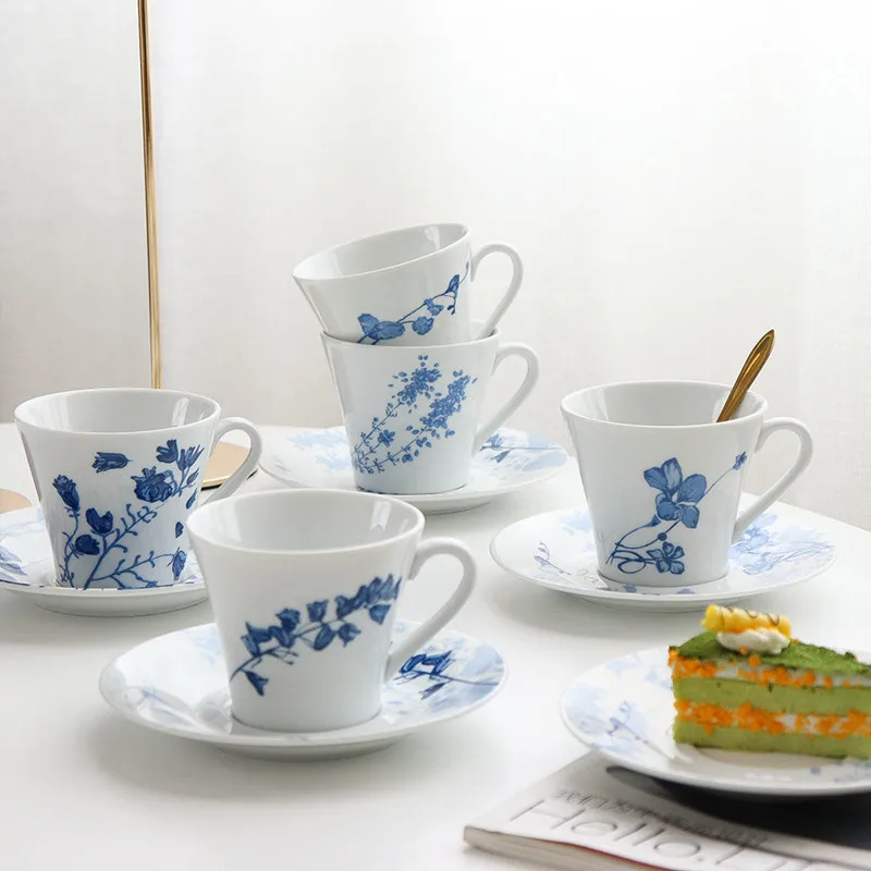

Tea Cup Set French Flower Blue And White Coffee Cup Saucer Sets Porcelain Afternoon Teaware Coffeeware Kitchen Accessories