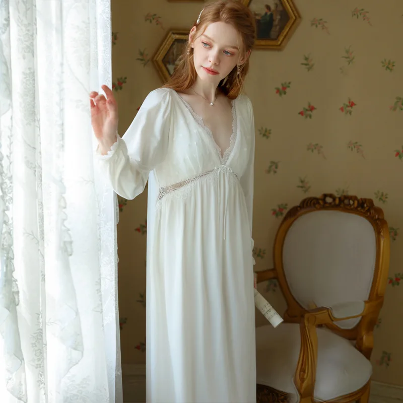 Sexy Nightgown Cotton Women's Spring And Autumn Long Sleeve Long Vintage Palace Princess Style Sweet Lace Thin Pajamas