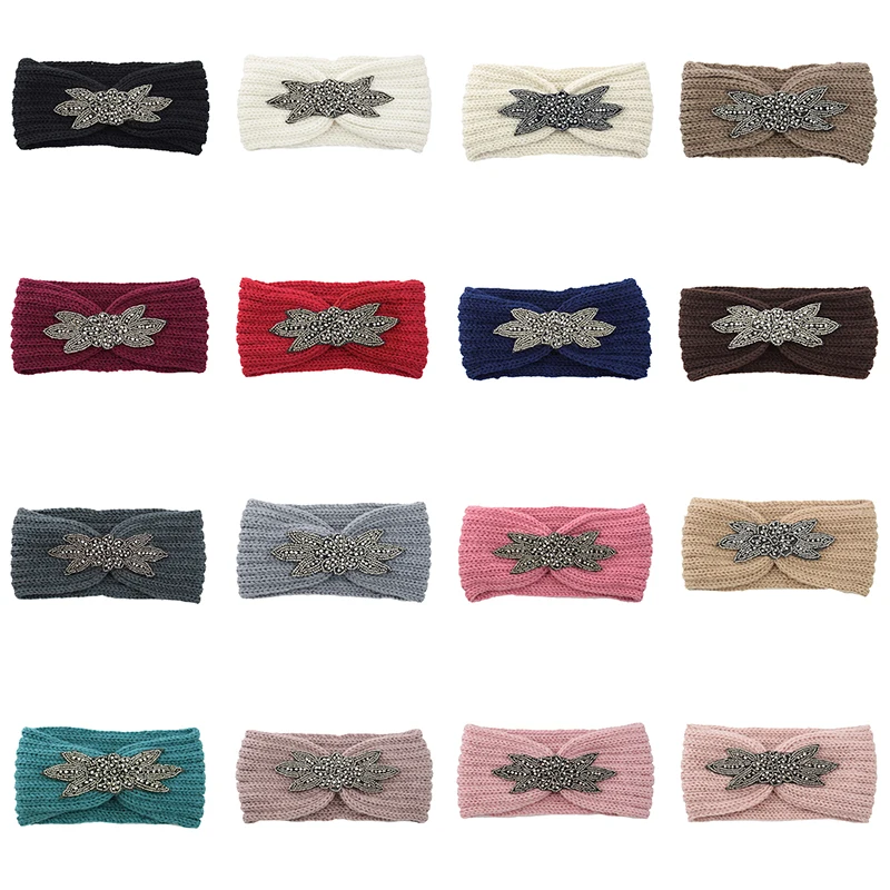 

Winter Women Knitted Headband Six-Leaf Crystal Beaded Elastic Hair Bands Winter Crochet Head Wrap Warmer Washing Face Hairbands