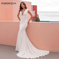 simple mermaid chic fitted wedding dress for women deep v neck lace sleeveless jersey bridal gowns vestidos de noiva mariage