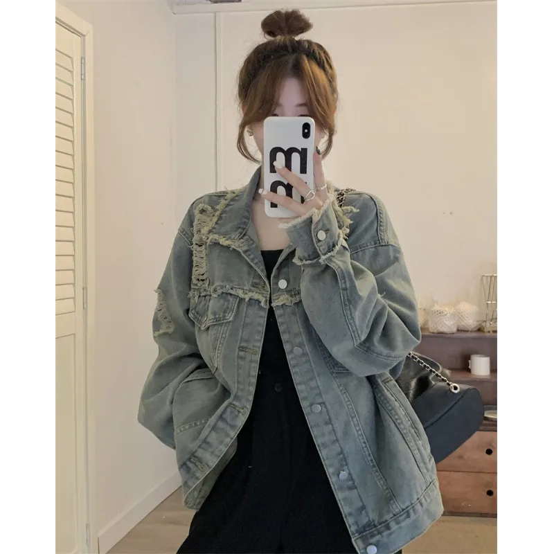 

WDMSNA Long Sleeve Holes Denim Jacket Womens Spring 2023 New Korean Hong Kong Style Lapel Jean Coat Women Single Breasted Jacket