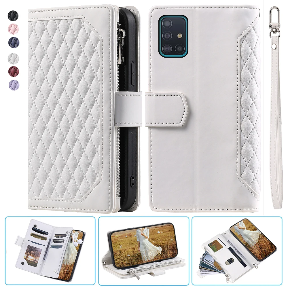 

For Samsung A51 4G Fashion Small Fragrance Zipper Wallet Leather Case Flip Cover Multi Card Slots Cover Folio with Wrist Strap