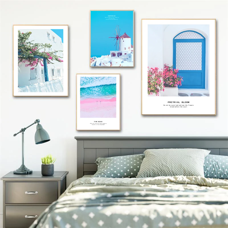 

Nordic Poster Santorini White House Beach Sea Portal Flowers Stone Wall Art Print Canvas Painting Decor Pictures For Living Room