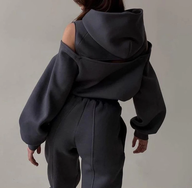 

Женский костюм с брюками 2023, Молодежный и энергетический однотонный спортивный костюм с толстовкой с капюшоном и широкими штанинами