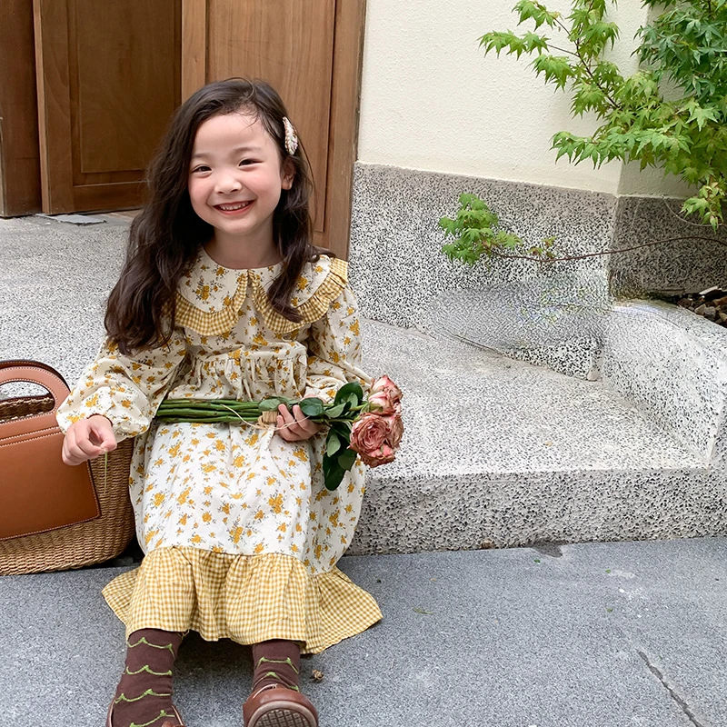 

Girls Dress Floral Turn-down Collar Princess Dresses for Baby Girl Cotton Casual Long Style Dress Kids Dresses for Girls Dress