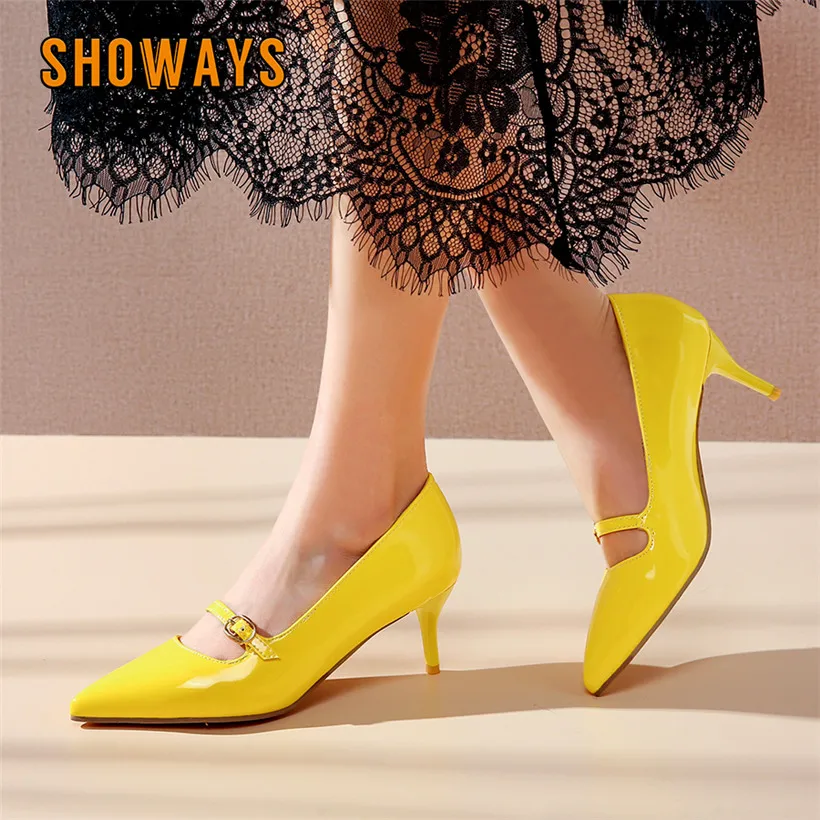 

Plus Size Sweet Women Pumps Yellow Black Red Patent Leather High Thin Heel Pointed Toe Party Casual Dress Office Lady Mary Janes