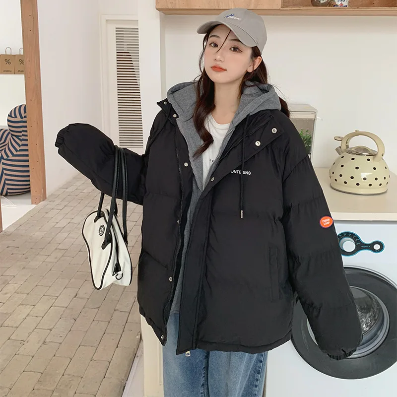 Winter Coat for Women Jacket Down Cotton Padded Short Parkas Solid Color Hooded Oversize Thick Coats Loose Two Fake Pieces