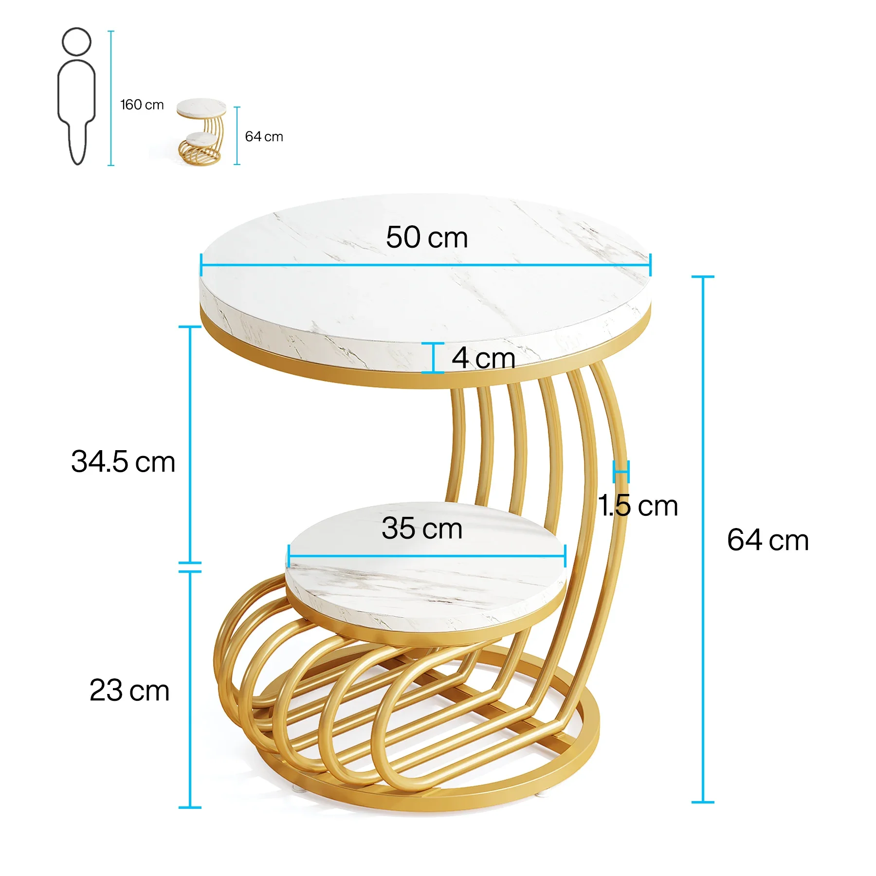 Золотой круглый столик Tribesigns: 2-х ярусный приставной из искусственного мрамора с