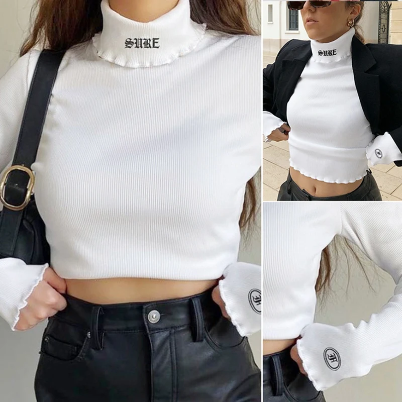

Women's Fashion Printed High Neck Slim Short Long Sleeve T-Shirt Top White