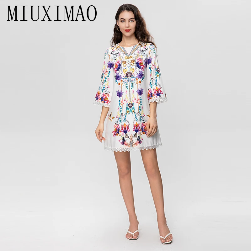 MIUXIMAO 2023 High Quality Spring&Summer Elegant Dress Three Quarter Sleeve O-Neck  Print Fashion Mini Dress Women Vestides