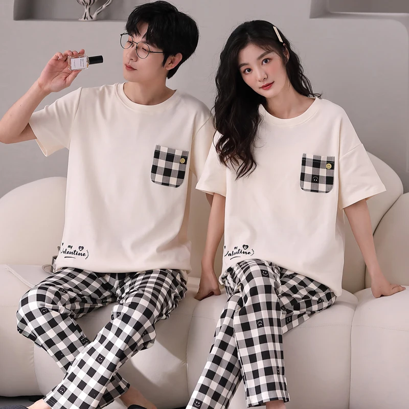 Summer Short Sleeve Pyjamas Lovers Cotton Couple Pajama Sets Women/Men Sleepwear Fashion Sport style Nightgown Home Clothes