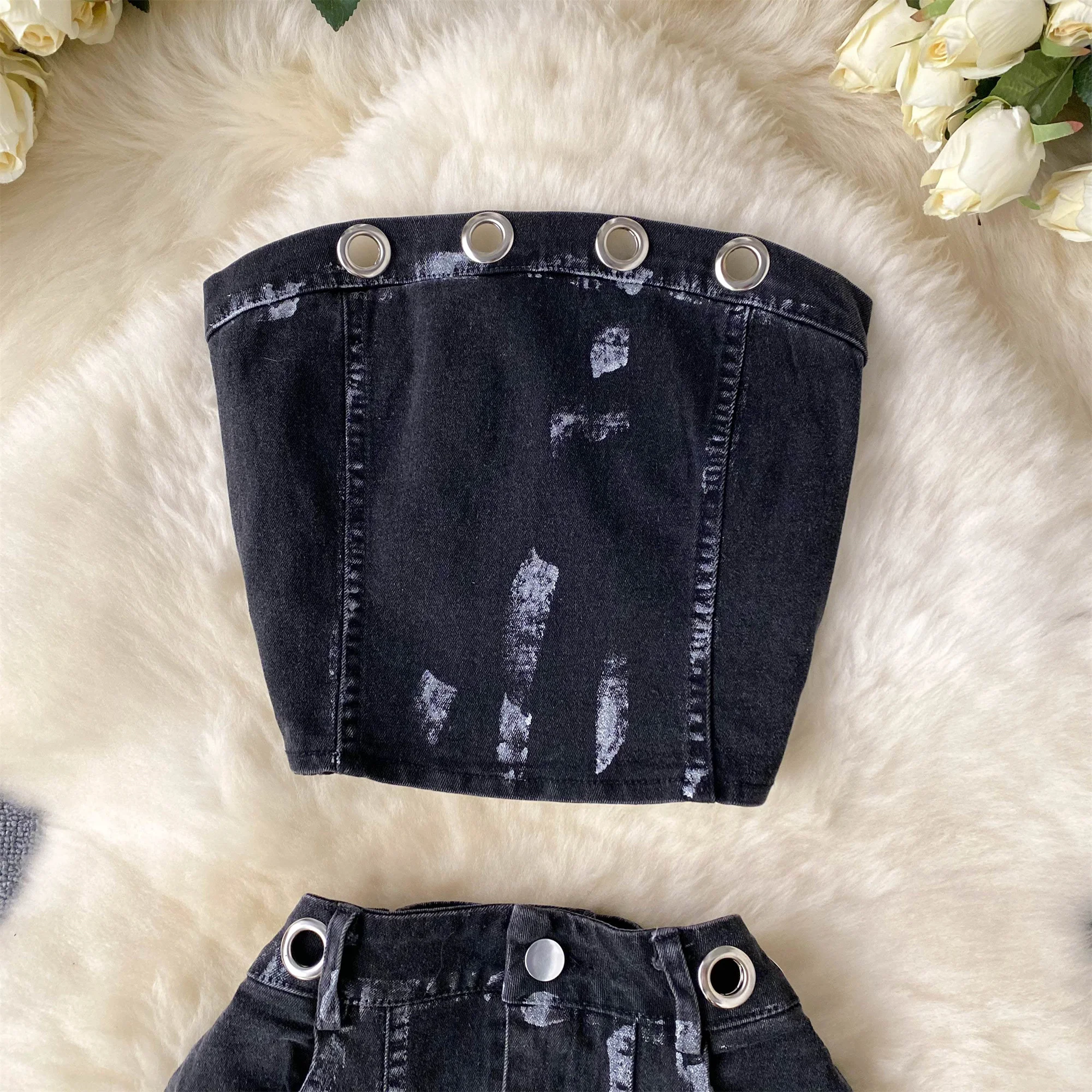 Женский комплект из 2 предметов джинсовый Топ без бретелек и короткая облегающая