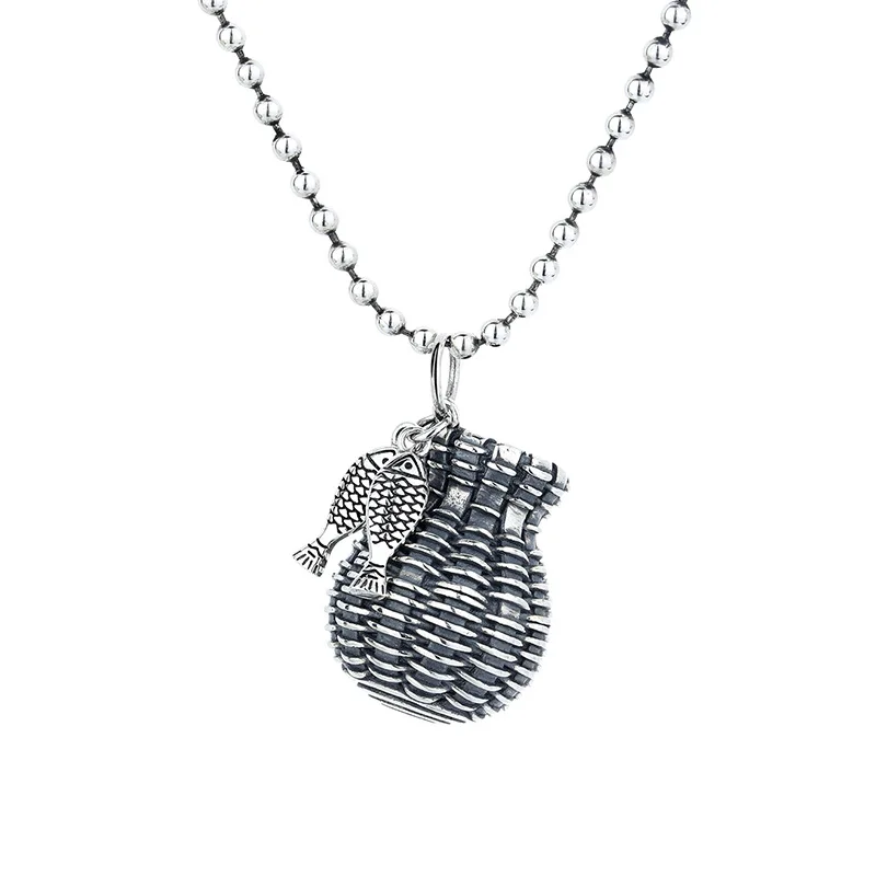 

S925 Sterling Silver Transfer Fish Basket Pendant Female Thai Silver Vintage Sweater Chain Harvest Year after Year Fish Necklace