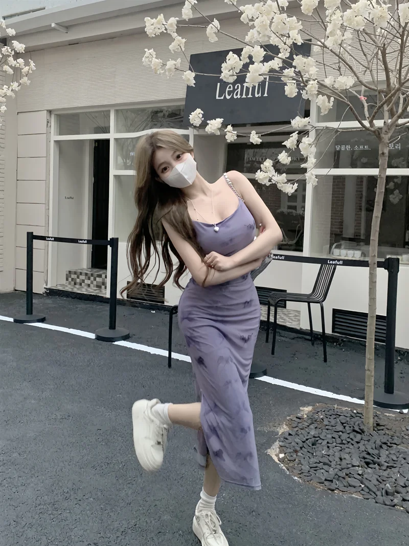 Женское Сетчатое платье на бретельках фиолетовое летнее сексуальное