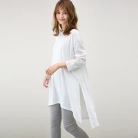 spring summer cotton simple white oversize long t shirt women 2021 casual loose split midi top o neck long sleeve bottoming tee