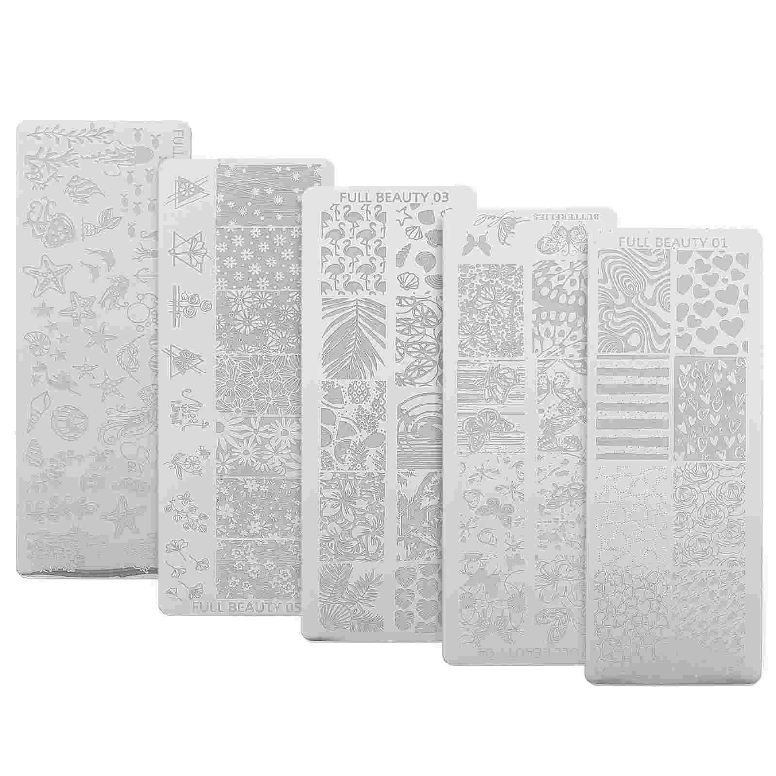 

5 Pcs Nail Transfer Printing Plate Stamper Unique Templates Creative Stamping Die Stainless Steel Manicure Stencils Images