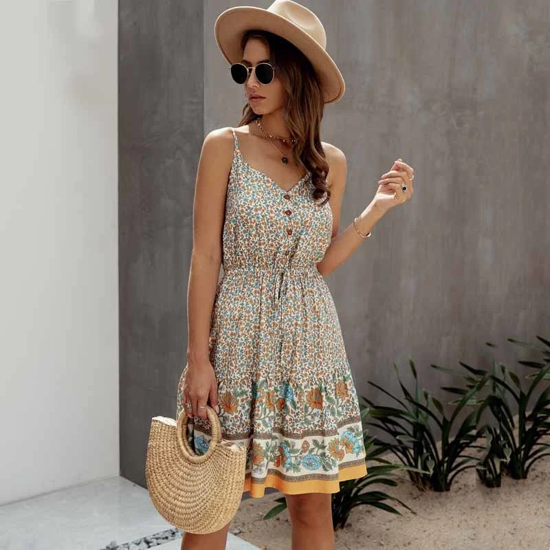 

2023 Summer Women Dress Buttons Cotton Mini Sundress Fashion Sexy Short Backless Slip Elastic Waist Sleeveless Dresses
