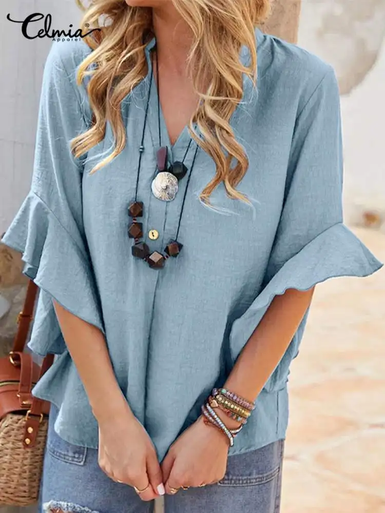 

Celmia Asymmetrical Hem Women Tunic Tops 2023 Summer Ruffled 3/4 Flare Sleeve Vintage Shirts Casual Loose V neck Blouses Blusas