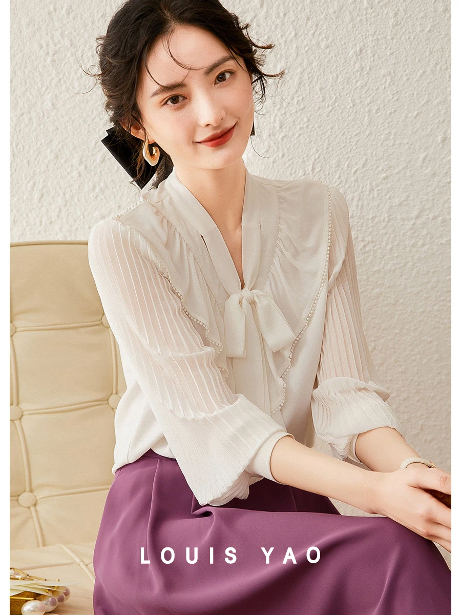 Женская рубашка LOUIS YAO осень 2023 элегантная плиссированная шифоновая кружевная с