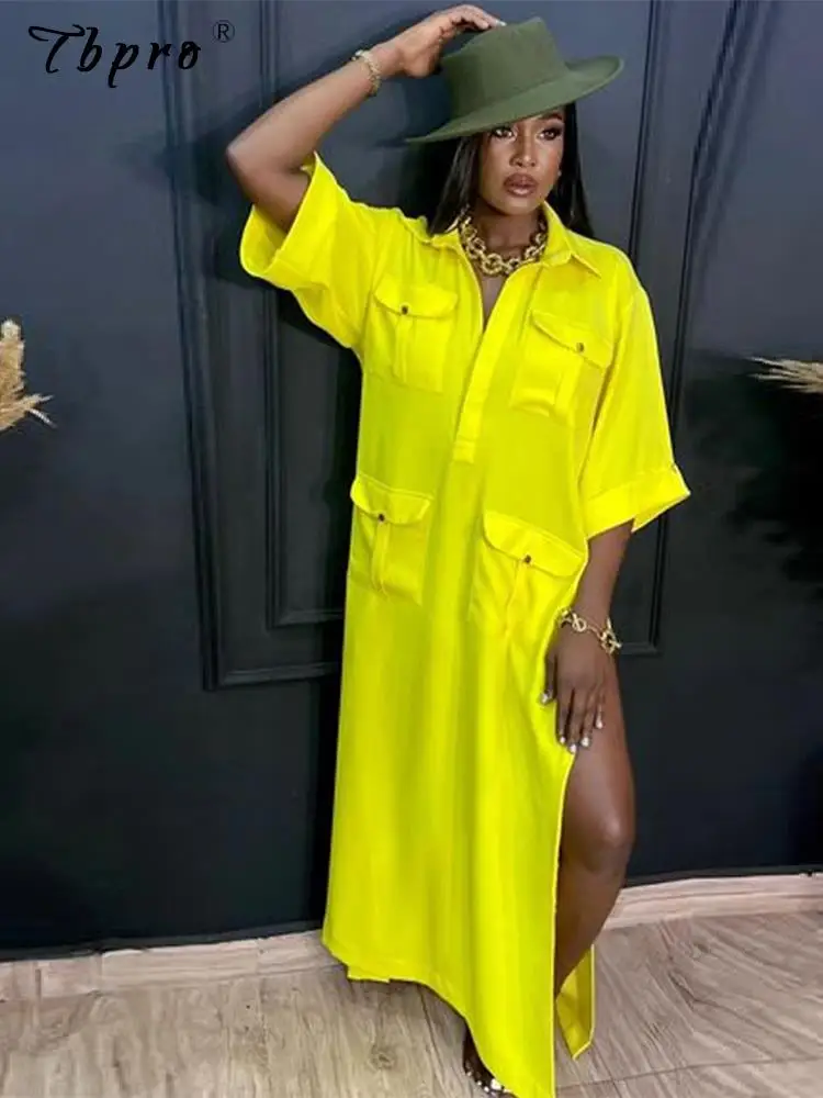 

Women's Lapel Side Slit Shirt Dress Sexy Fashion Casual Solid Street Loose Dress 2022 Summer Temperament Elegant Commuter Style
