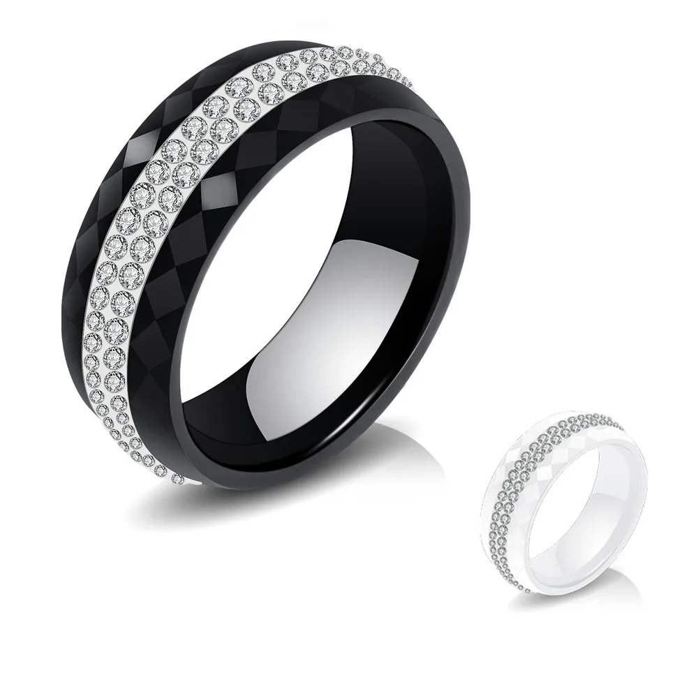 

High Quality Black&White Ceramics Rings Jewelry Clay Rhinestones Wedding Double Row Crystal Ceramic Rings for Women