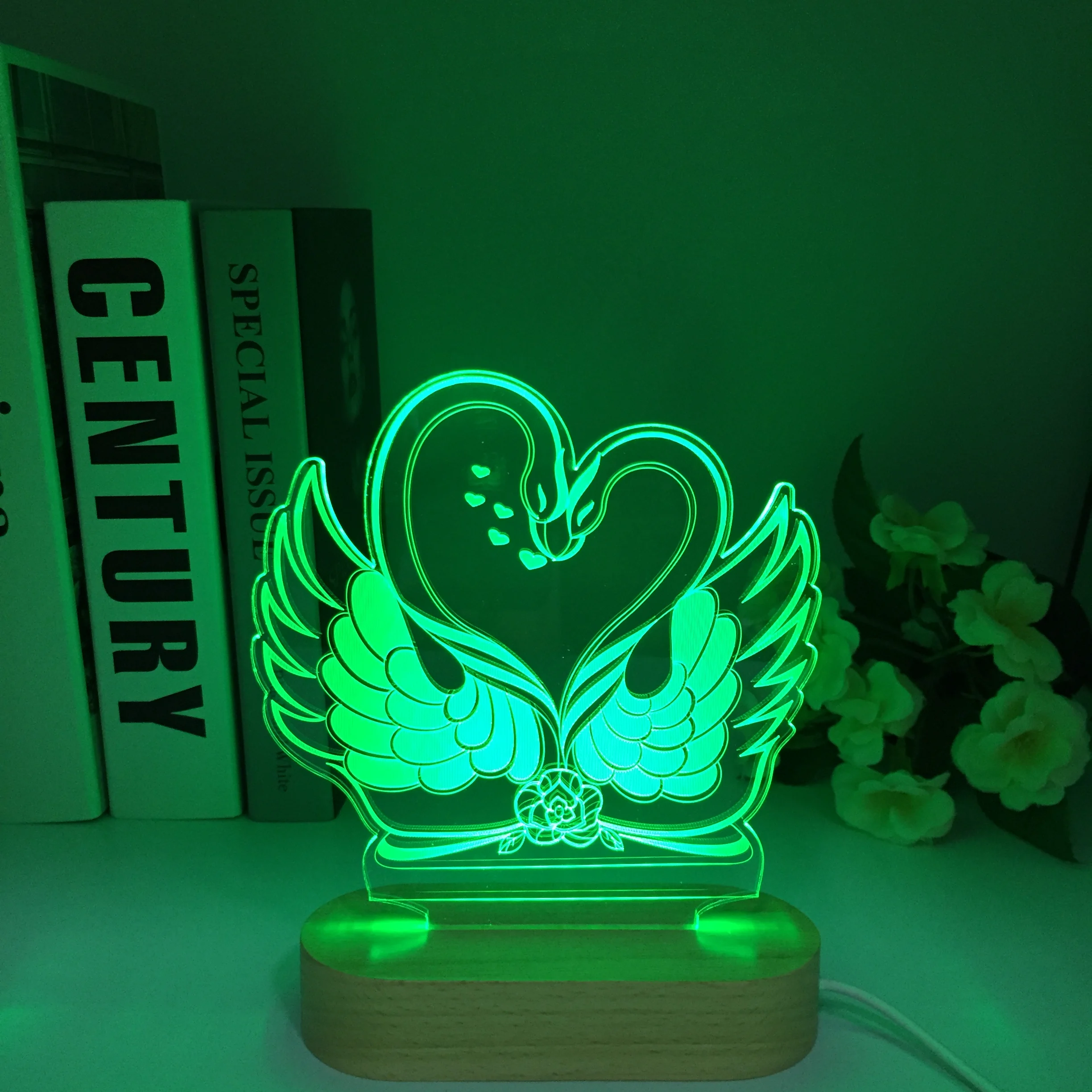 

3D Swan Wooden Night Light for Kids Birthday Gifts USB LED Table Lamp Illusion 16 Color Changing Nightlight for Room Decor