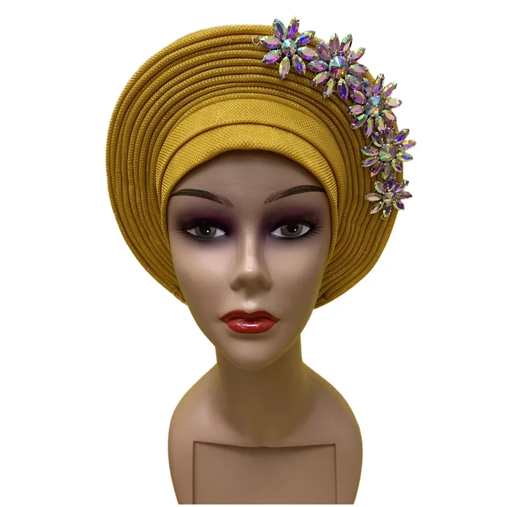

NEW Hot Lovely African Turban Hijab With Shining Crystal Nigeria Wrap Women Nigerian Auto Handmade Hat For Wedding 1pcs/pack