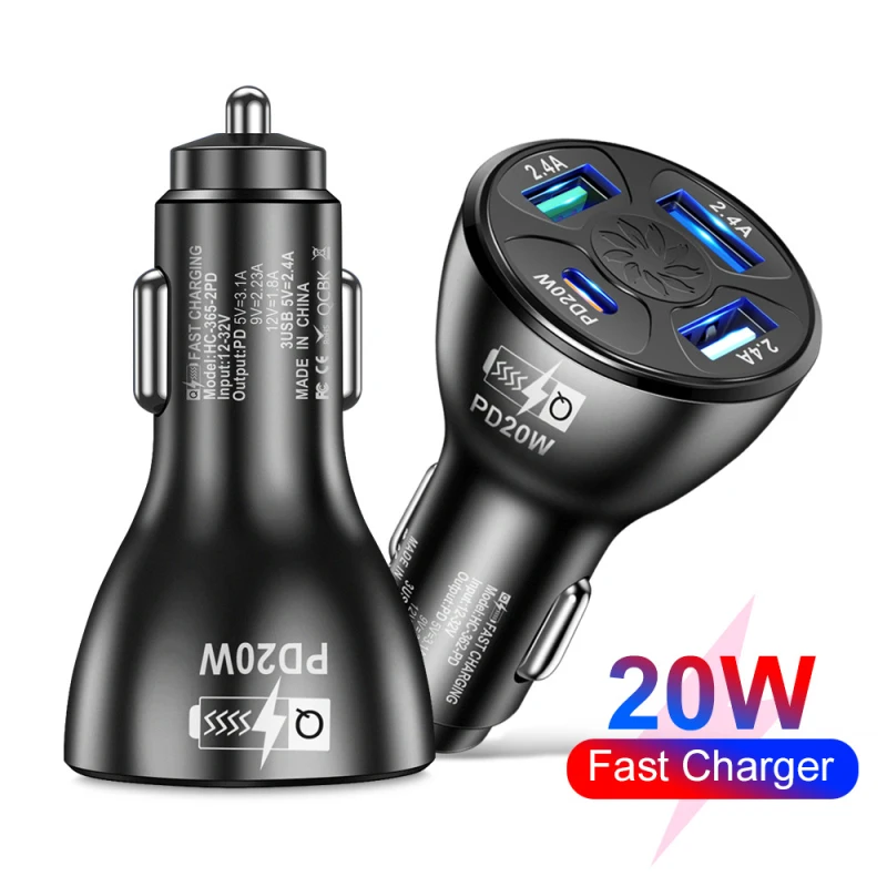 

Mini Car Charger PD20W+3USB Fast Charging Universal Mobile Phone In Car Charge Tablet GPS For IPhone 11 Xiaomi Samsung Huawei