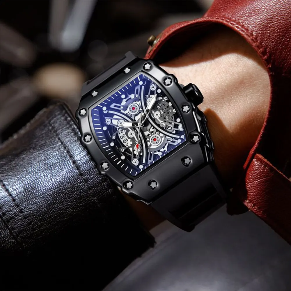 Skeleton Dial Sport Watches Men Fashion Style Top Brand Luxury Silica Gel Strap Waterproof Quartz Watch Montre Homme 3