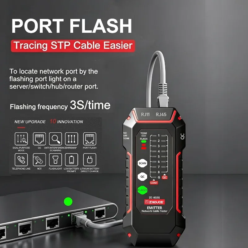 Фото Тестер кабелей Ethernet ZC-802G с генератором тонов, RJ45, RJ11, PoE, Cat5, Cat6 для проверки сетевых и телефонных линий №1