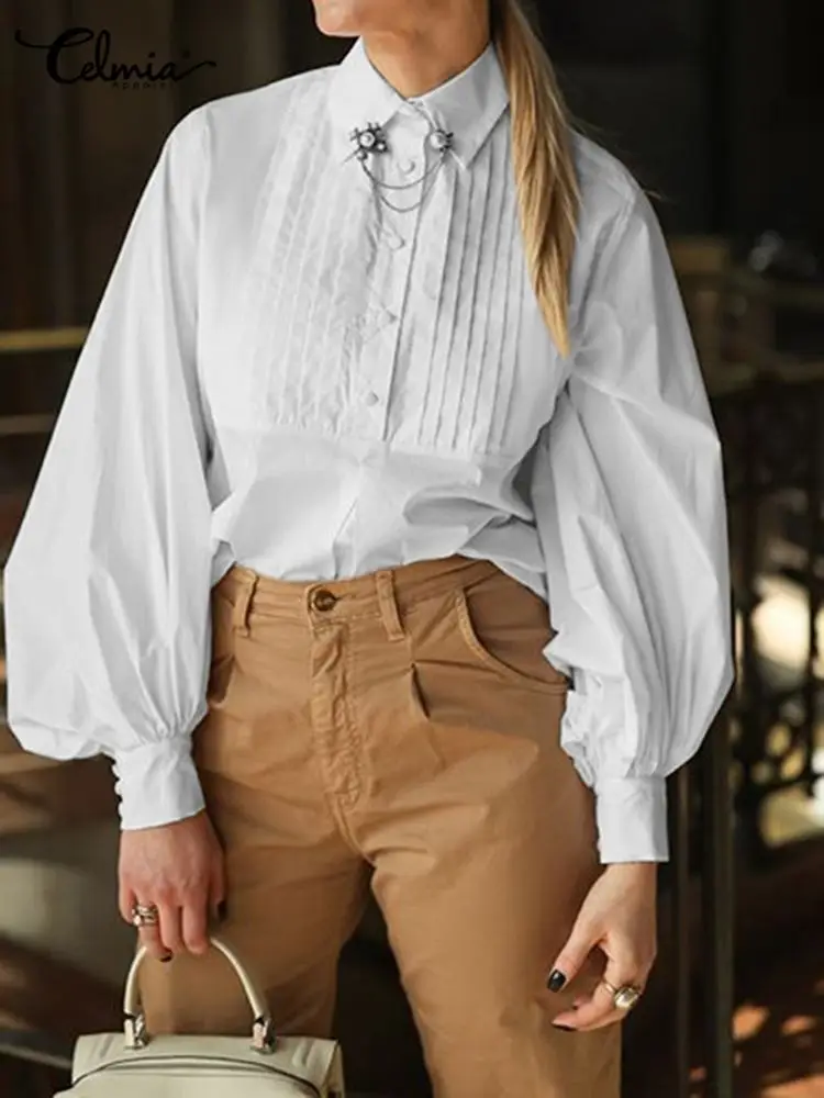 

Celmia Office Lady Tops Elegant Lantern Sleeve White Shirts Women Button Up Commuting Blouse Casual Lapel Pressed Pleats Chemise