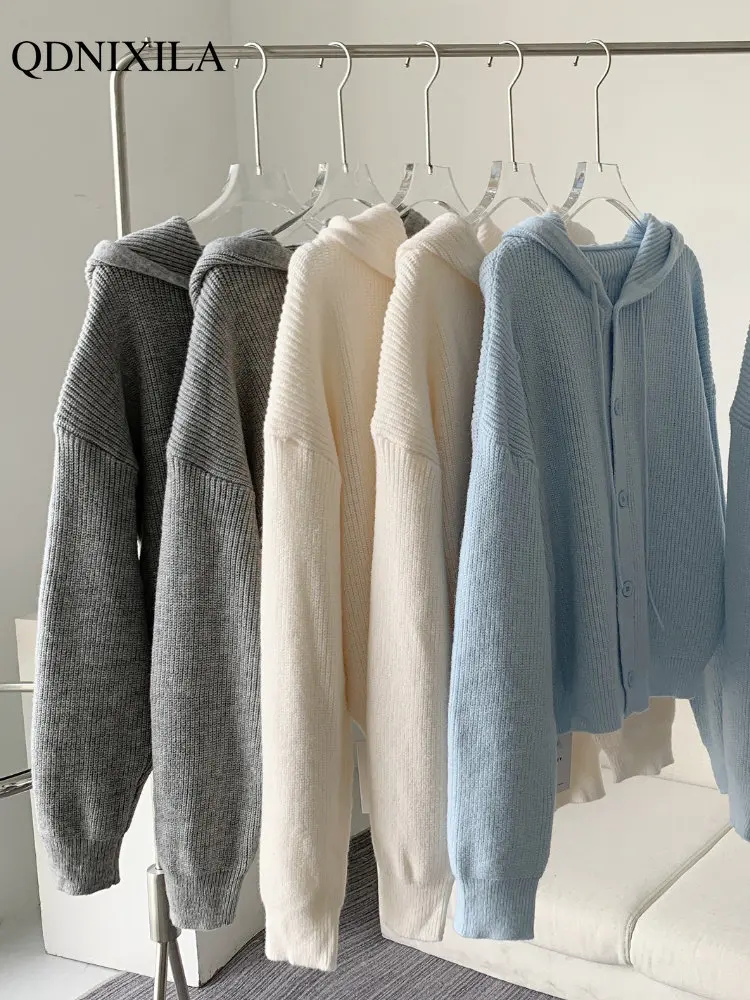 

2023 Autumer Winter Baggy Knitted Cardigan Long Sleeve Hoodies Femeal Sweater Coat Soft Casual Women Korean Light Color Clothing