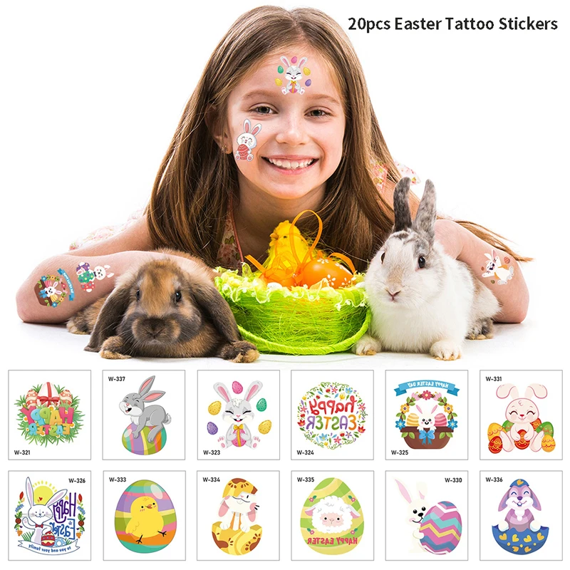 

20 шт., пасхальные временные тату-наклейки в виде кролика