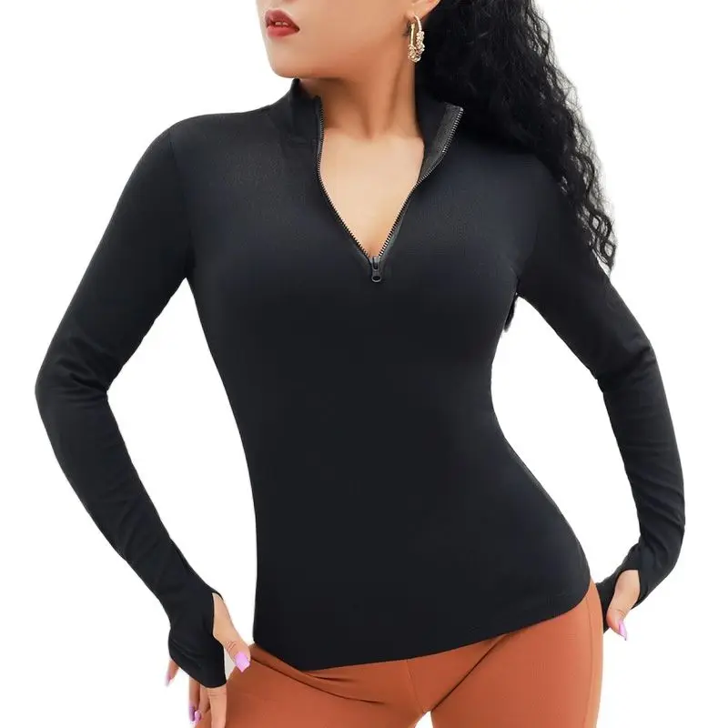 CHRLEISURE Yoga Shirts Long Sleeve Sport Top with Zipper Solid Slim Elastic Running Blouse for Women Gym Athletic Tee Sportswear
