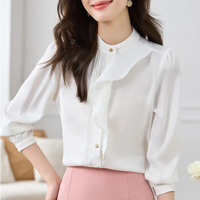 

2023 Elegant Women Long Sleeve Ruffles Shirt Fashion Button Up Chiffon Blouse Women French Office Tops Female Clothing New 29463