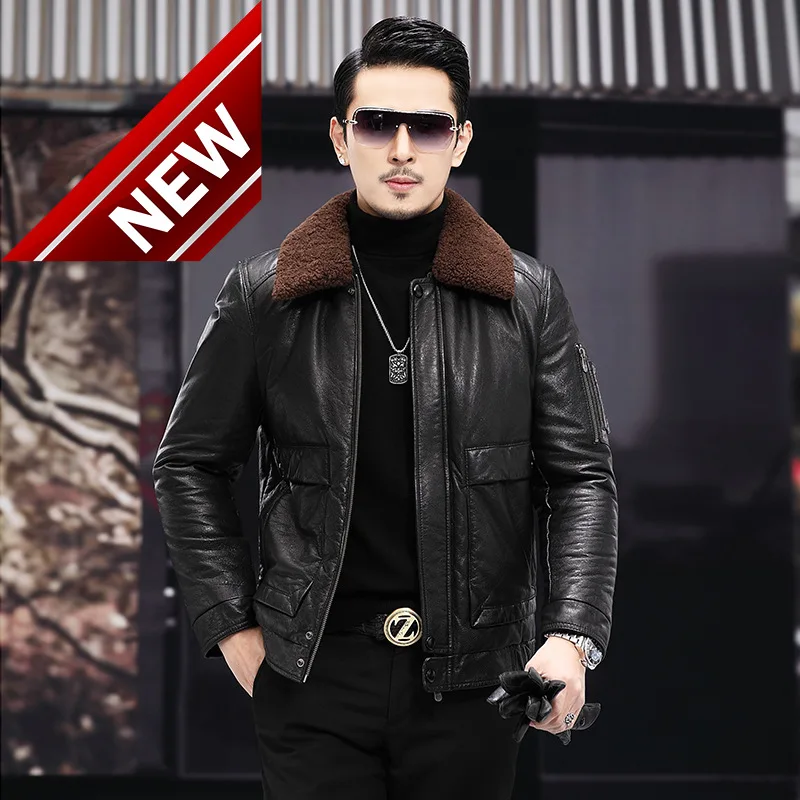 

Coat Warm Men's Leather Winter Cowhide Leather Jacket Youth Filled White Goose Down Jacket Woolen Lapel Coat 4XL