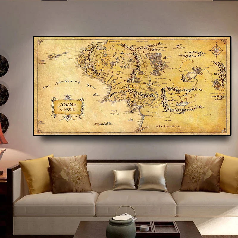 

Retro The Lord of The Rings Map Canvas Painting Vintage Middle-earth Map Poster Movie Wall Art Pictures for Living Room Decor