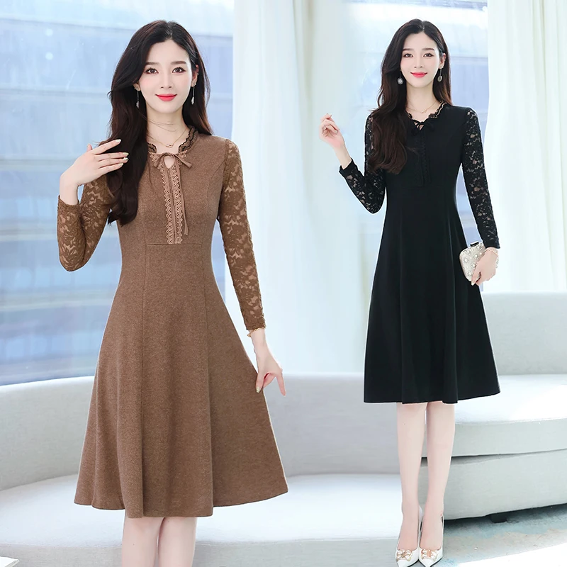 

COIGARSAM Dresses For Women 2022 Autumn New Office Lady Solid Long Sleeve Bow Khaki Black Dress