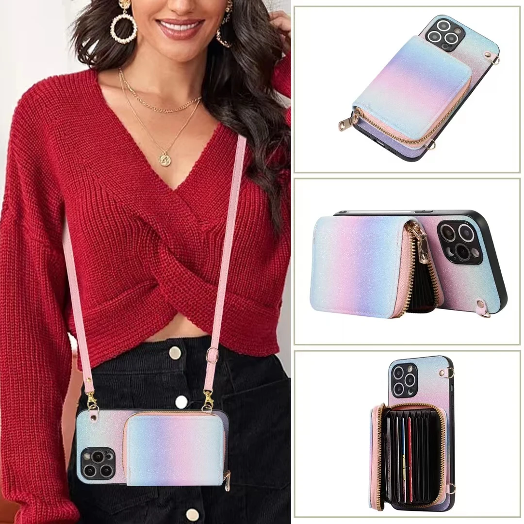 

Lanyard Zipper Leather Wallet Card Slot Case For iPhone 11 12 13 14 15 Pro Max X XR XS Max 7 8 Plus Crossbody Strap Phone Cover