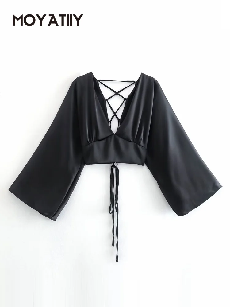 

MOYATIIY 2022 Fashion Women Spring Shirt Black Lace Up Crop Shirts Blouse Long Sleeve Chic Female Tops