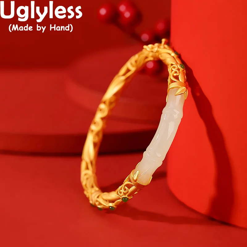 

Uglyless Hollow Palace Style Women Luxury Jade Bangles Hotan Gemstones Bamboo Bangles Real 925 Sterling Silver Ethnic Jewelry