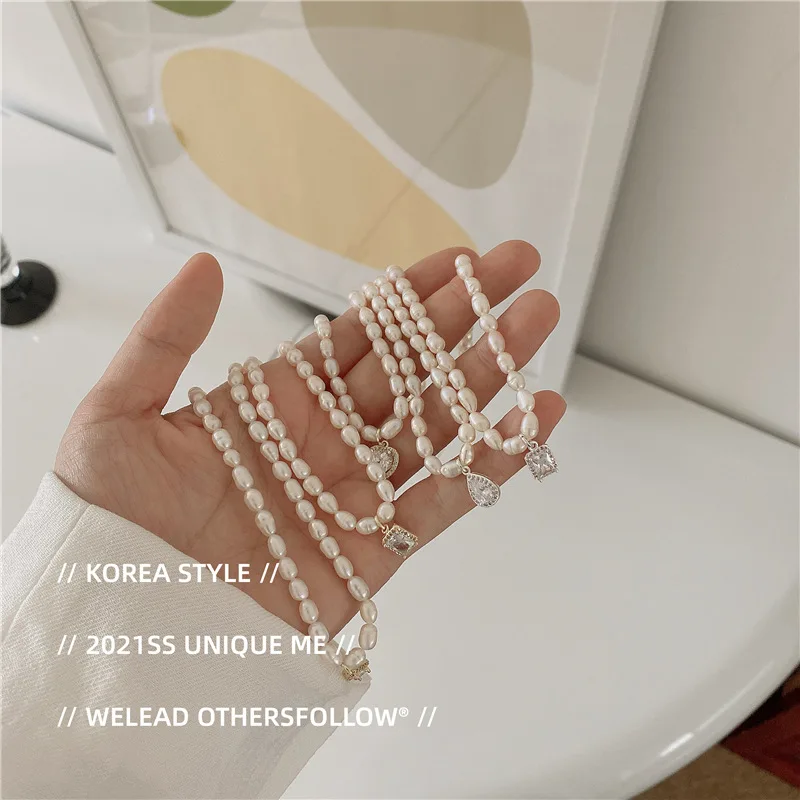 

2022 Freshwater Pearl Beads Luxury Crystal Geometric Heart Pendant Necklace Party Jewelry