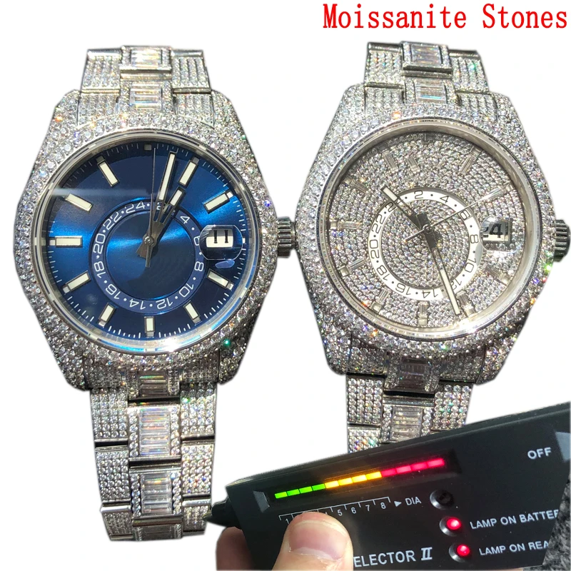 

Большой синтетический бриллиант, бриллианты из циркония, 9015 Механические Мужские Роскошные полностью сверкающие часы 904L высшего качества ...
