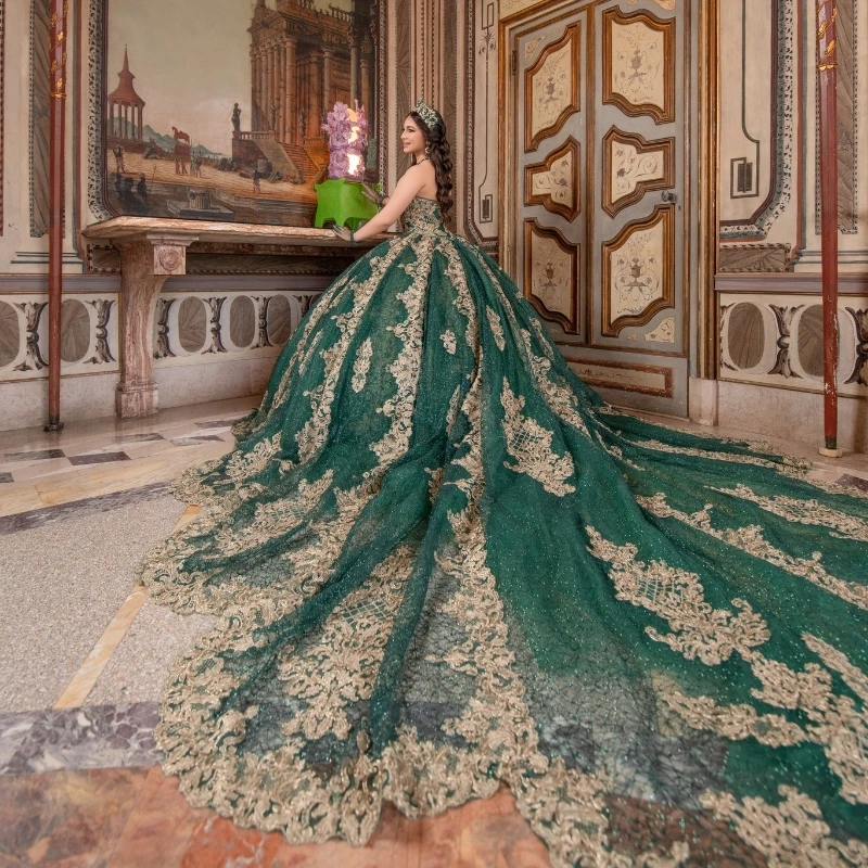 Зеленое блестящее платье Quinceanera бальное золотая кружевная аппликация тюль с