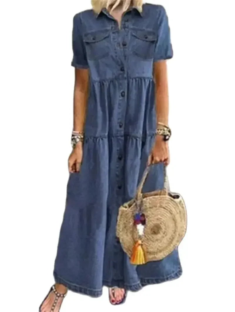 Летнее повседневное джинсовое стильное женское длинное платье с лацканами и