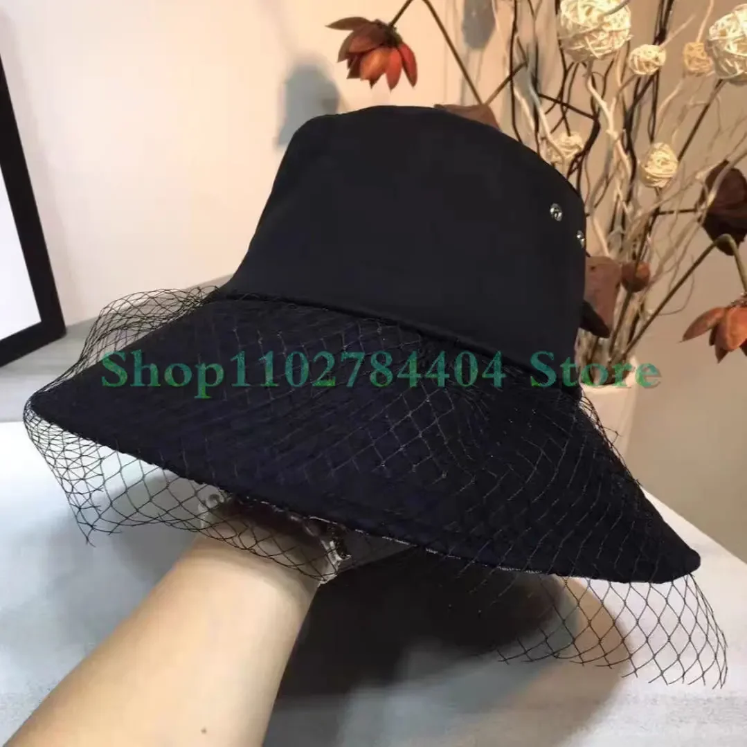 

770593 Black Colour Lace Edge Big Brim Fisherman Hat Fashion Bucket Hat Vintage BritishTrend Women's Outdoor Sunshade Beach Hat